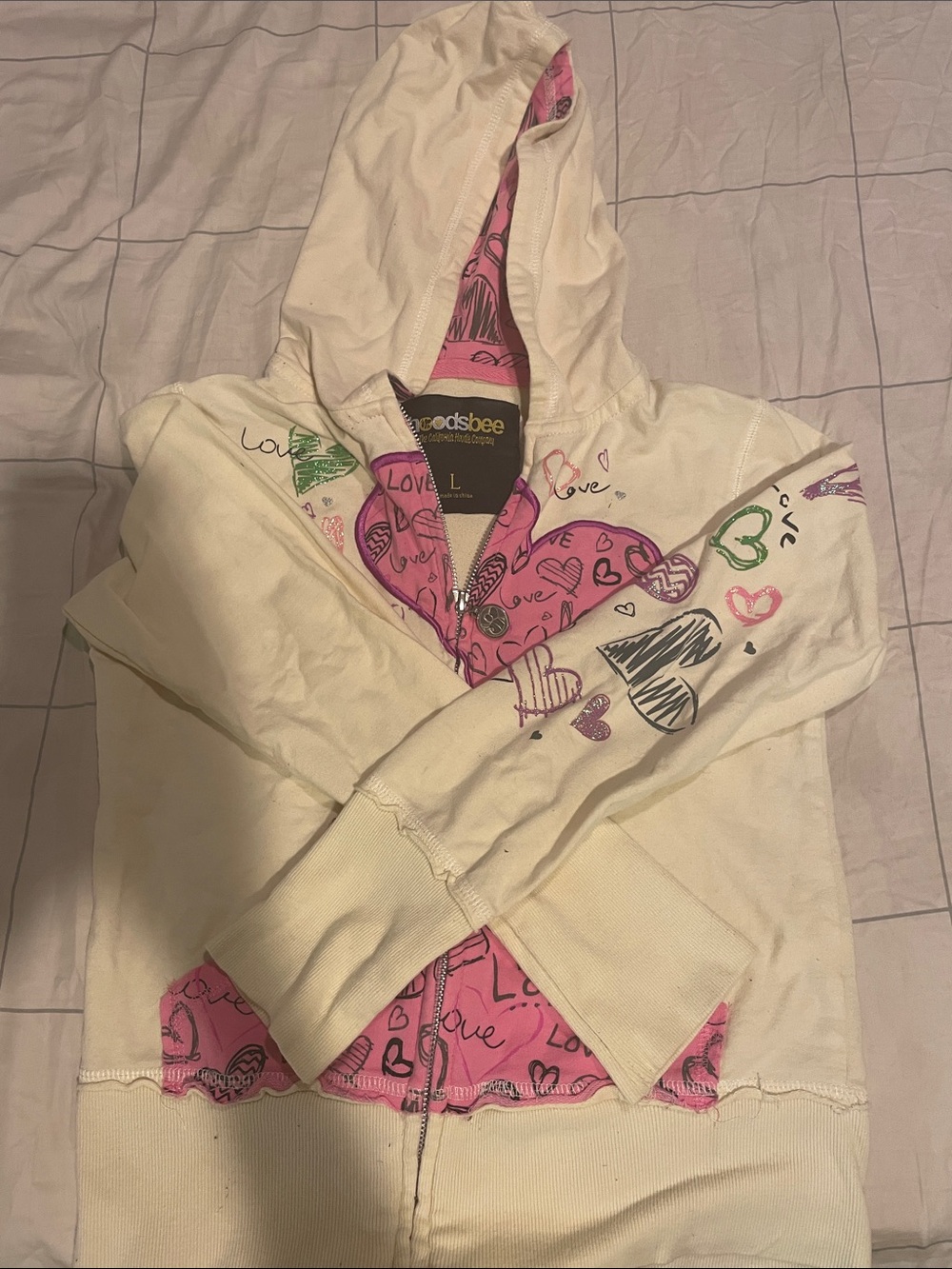 GoodsBee Cream Hoodie with Pink Heart Lining